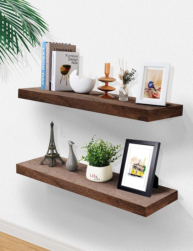 Photo 1 of Annecy Floating Shelves Set of 2, 36" L x 6.8" D Dark Brown Floating Shelves for Wall Storage,Soild Wood Floating Shelf for Bathroom, Living Room,Kitchen,Rustic Shelves for Wall Décor