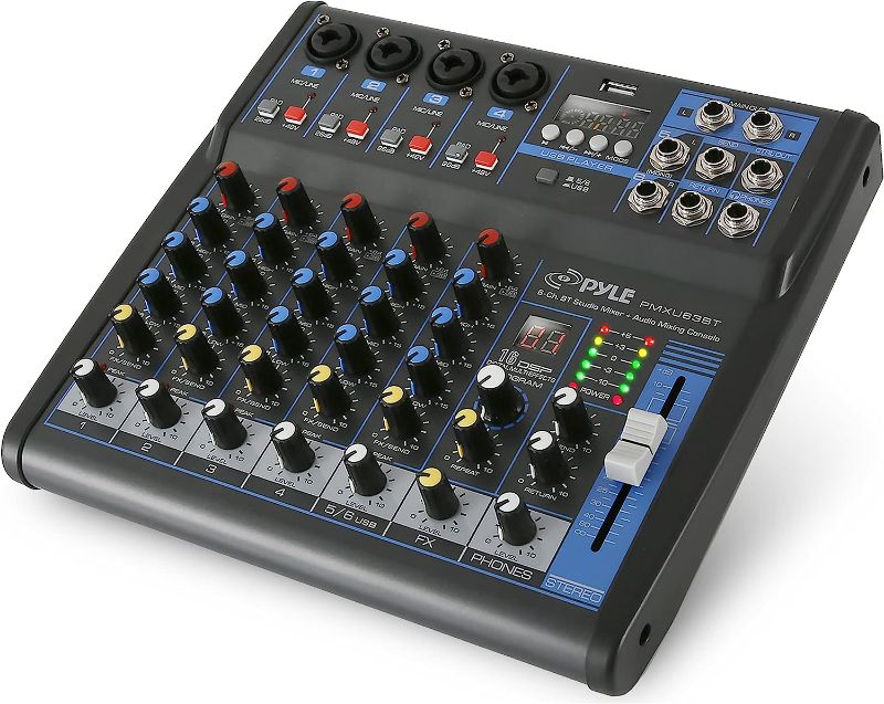 Photo 1 of Pyle Professional Audio Mixer Sound Board Console - Desk System Interface with 6 Channel, USB, Bluetooth, Digital MP3 Computer Input, 48V Phantom Power, FX16 Bit DSP- PMXU63BT , Black