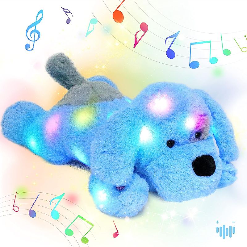 Photo 1 of Hopearl LED Musical Stuffed Puppy Light up Singing Plush Dog Adjustable Volume Lullaby Animated Soothe Birthday Festival for Kids Toddler Girls, Blue, 17''