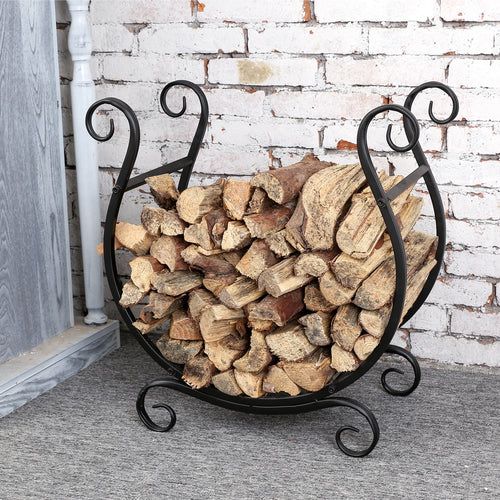 Photo 1 of 
A freestanding firewood holder made of metal with a black finish and an elegant scrollwork design
Perfect for holding firewood and keeping it near to your fireplace for easy use
Brings both elegance and convenient storage to your fireside
Dimensions (in 