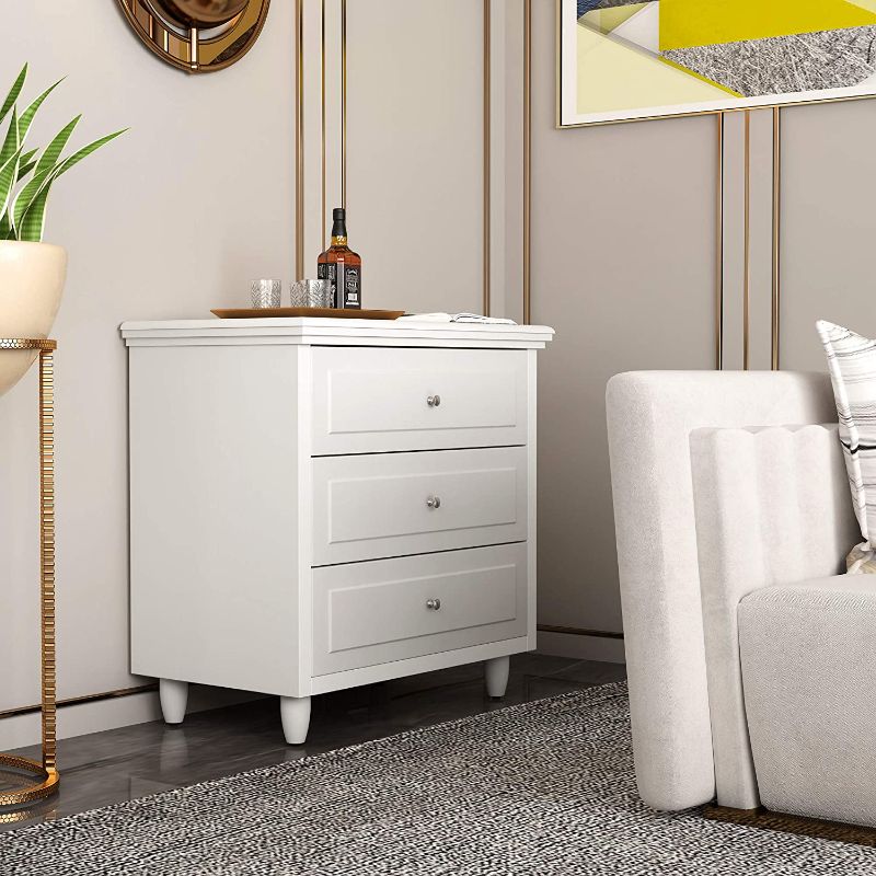 Photo 1 of AWQM 3 Drawers Nightstand, with Wood Legs,Modern White Drawers Dresser Bedside Nightstand,Ideal for Bedroom,Living Room, 15.75" D x 21.65" W x 23.6" H,White
