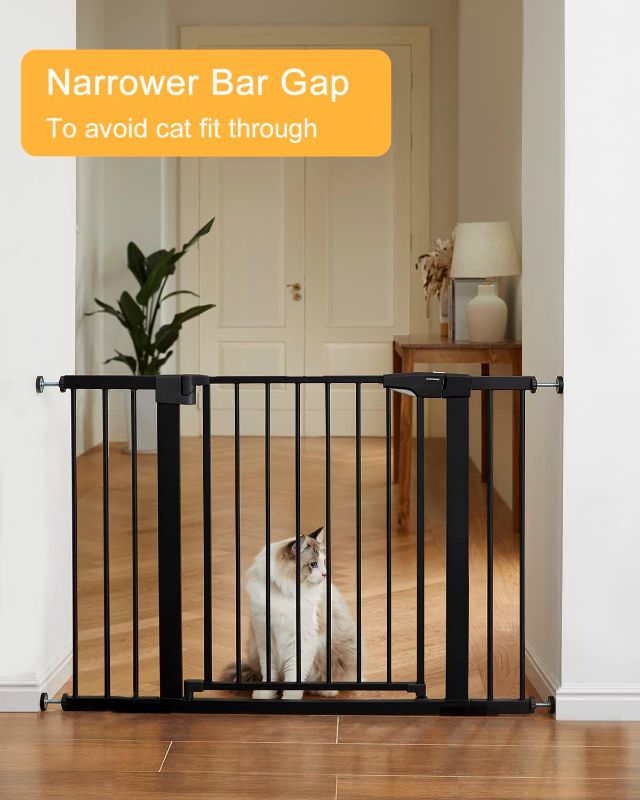 Photo 1 of Mumeasy Baby Gate for Stairs, 29.6"-46" Pressure Mounted Dog Gate for House, Auto Close Pet Gate with Walk Through Door for Stairs, House or Doorways

