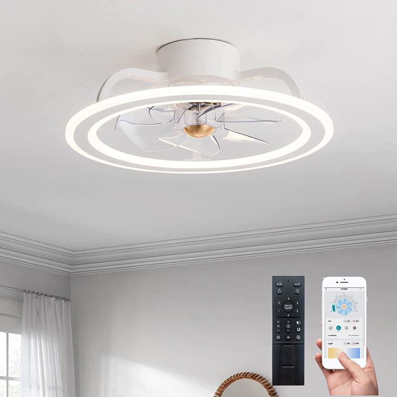 Photo 1 of Bladeless Modern Indoor Flush Mount Ceiling Fan with Lights and Remote, APP Control White Low Profile Ceiling Fans for Bedroom/Small Room