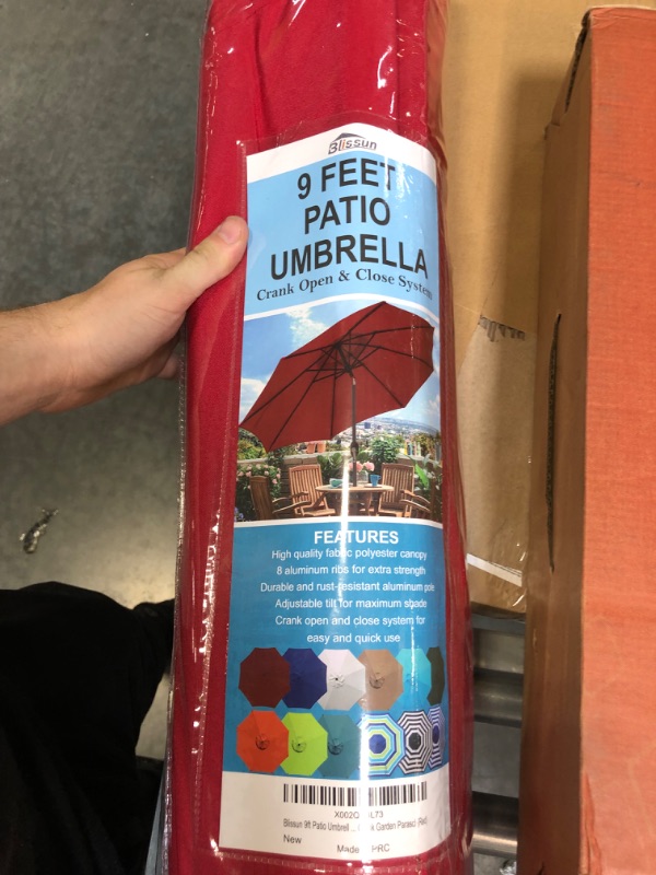 Photo 5 of Blissun 9ft Patio Umbrella, Manual Push Button Tilt and Crank Garden Parasol (Red)
