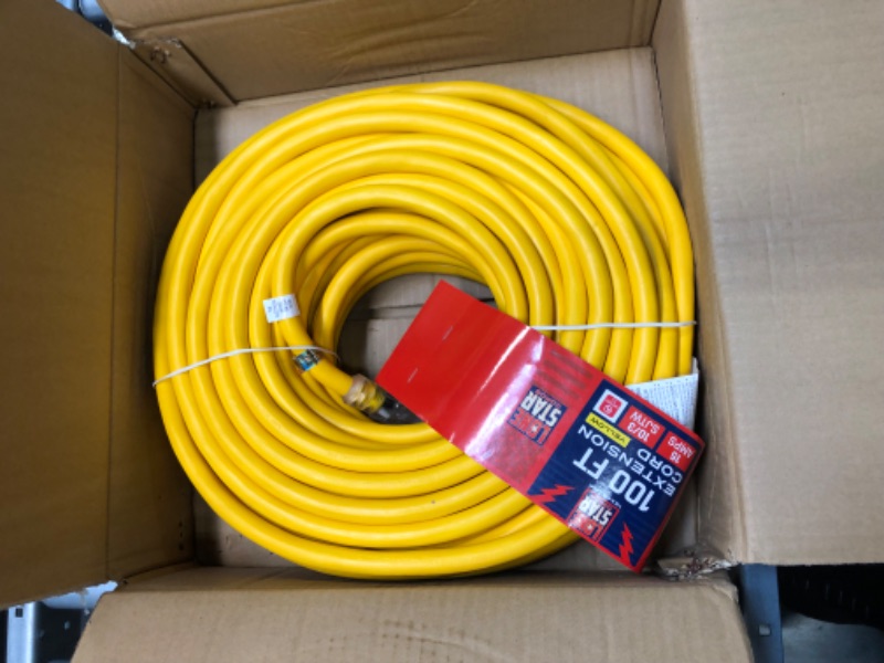 Photo 3 of 12/3 Gauge Heavy Duty Outdoor Extension Cord 100 ft Waterproof with Lighted end, Flexible Cold-Resistant 3 Prong Electric Cord Outside, 15Amp 1875W 12AWG SJTW, Yellow, ETL HUANCHAIN