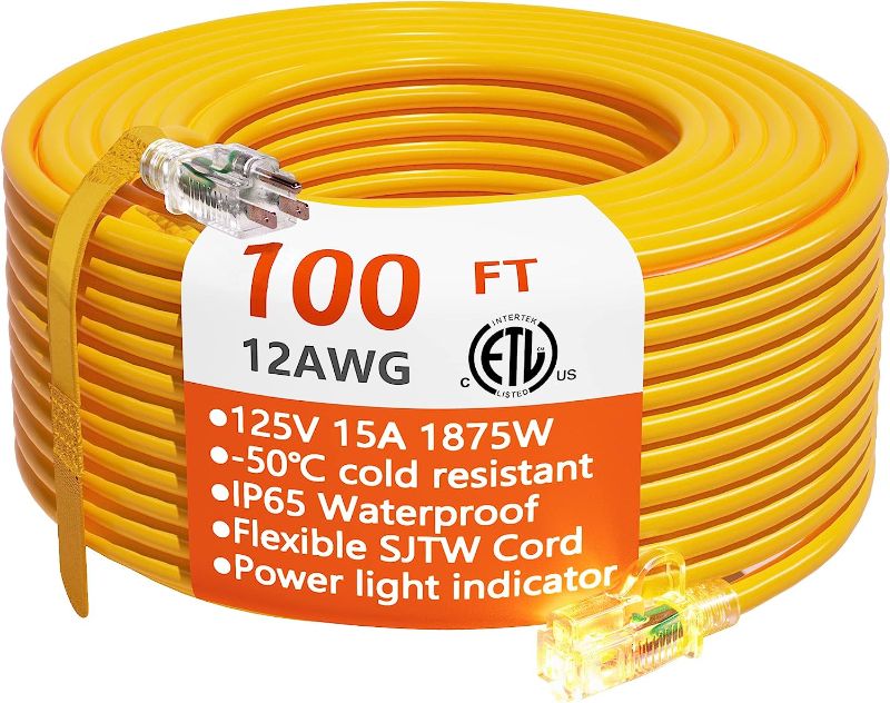 Photo 1 of 12/3 Gauge Heavy Duty Outdoor Extension Cord 100 ft Waterproof with Lighted end, Flexible Cold-Resistant 3 Prong Electric Cord Outside, 15Amp 1875W 12AWG SJTW, Yellow, ETL HUANCHAIN