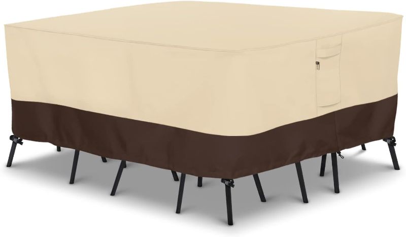 Photo 1 of Arcedo Outdoor Furniture Set Cover, Patio Table and Chair Cover, Heavy Duty Waterproof Square Lawn Dining Table Cover with Air Vent and Buckled Strap, 94'' x 94'' x 28'', Beige & Brown
