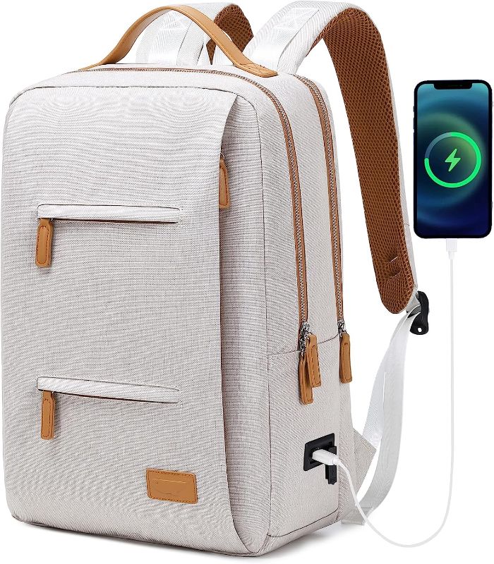 Photo 1 of Smart Laptop Backpacks 15.6 inch for Women Men Business Travel Weekender Carry on Backpack with USB Charging Port & Wet Pocket Large College Bookbags Computer Backpacks for Work (Beige)