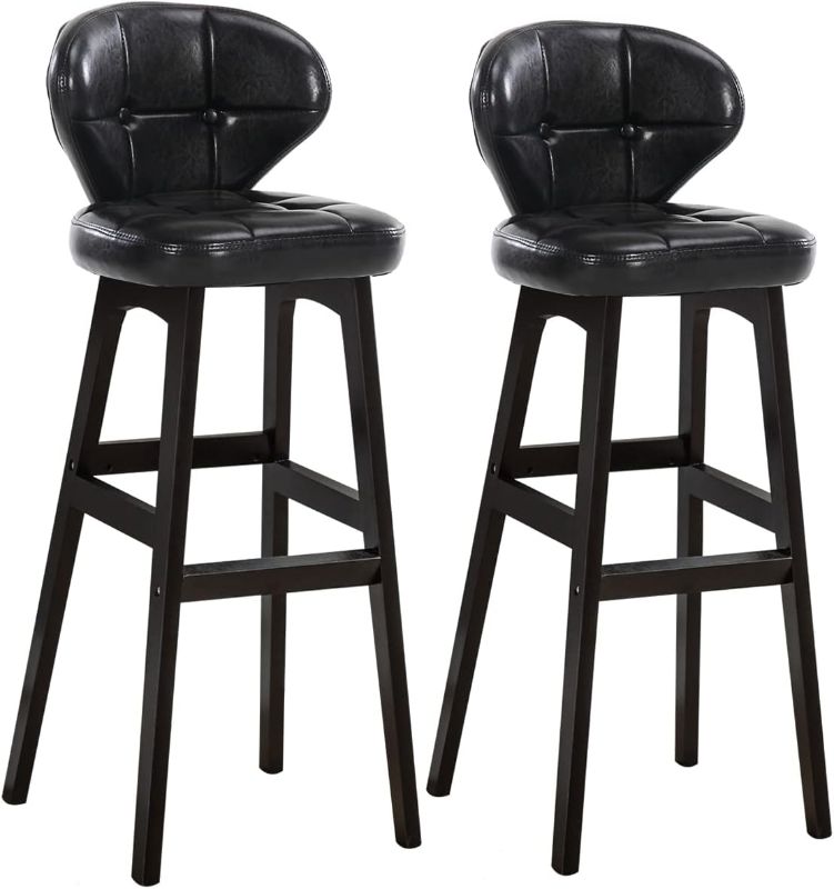 Photo 1 of AULIFE Bar Stools Black Solid Rubber Wood Frame and Footrest Faux Leather Bar Chair with Backrest,Fixed Height for Kitchen Counter and Dining Room,Set of 2,Black (Black)
