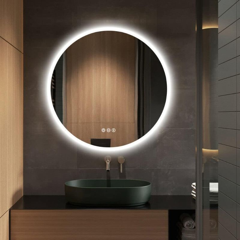 Photo 1 of 24 Inch Round LED Mirror with Lights, Round Wall-Mounted Lighted Mirror Auto Anti-Fog, 6500K HD Dimmable Brightness LED Circle Vanity Mirror Inside Bluetooth Speaker, Smart Touch Switch