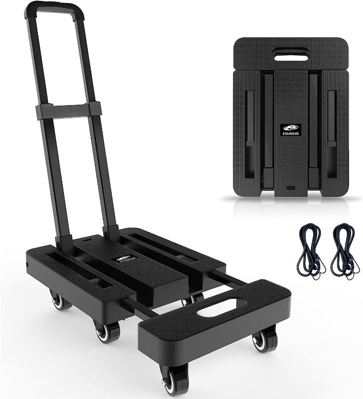Photo 1 of  Folding Hand Truck Dolly, Portable Dolly for Moving, 500LB Luggage Cart Dolly with 6 Wheels & 2 Bungee Cords for Luggage, Travel, Moving, Shopping, Office Use, Black
