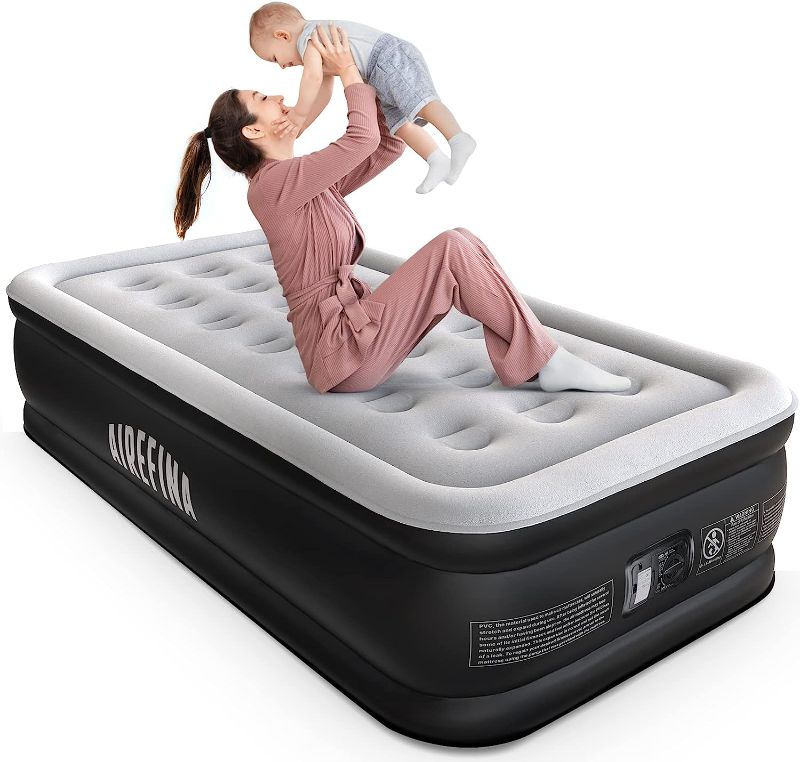 Photo 1 of Airefina Comfort Air Mattress Twin with Built-in Electric Pump, Inflatable Bed in 2 Mins Self-Inflation/Deflation, Flocked Surface Blow Up Bed for Home Portable Camping 75x39x18in, 650lb MAX