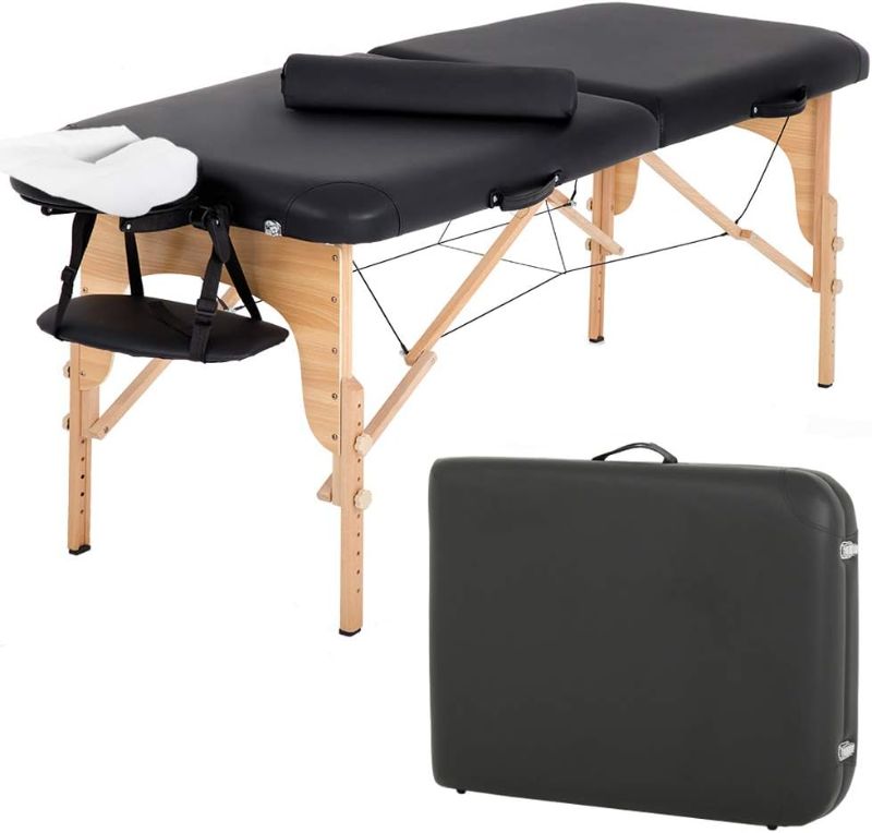 Photo 1 of 
Portable Massage Table Massage Bed Spa Bed 73” L 28”W Height Adjustable Massage Table with Bolsters Carry Case 2 Fold Portable Salon Bed (Black)