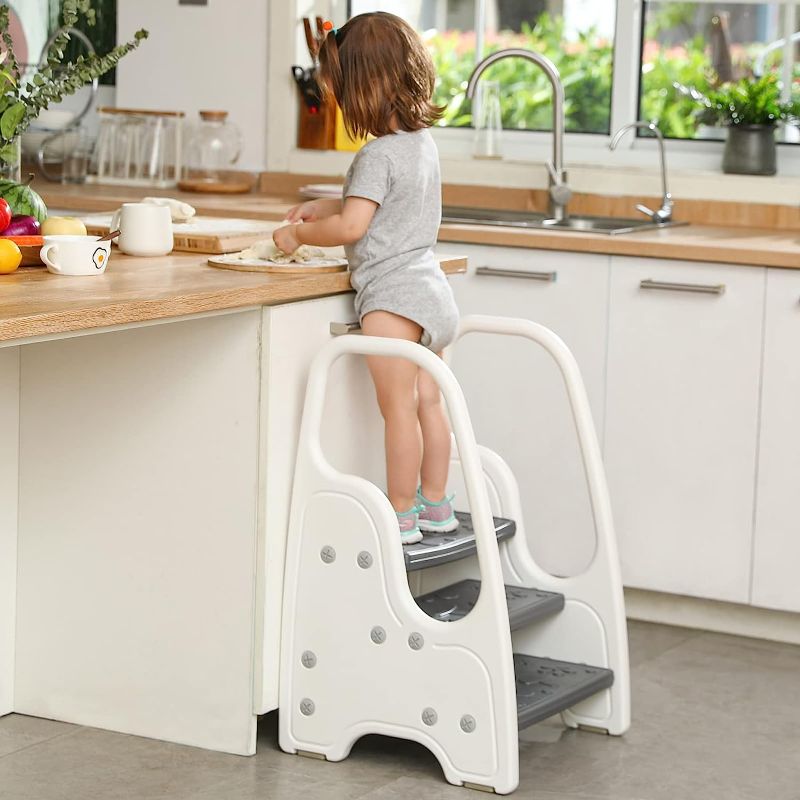 Photo 1 of 3-Step Stool with Handrails for Toddler and Kids, Standing Learning Tower for Bathroom Sink, Potty Training, Children Step Up Learning Helper with Handles...
