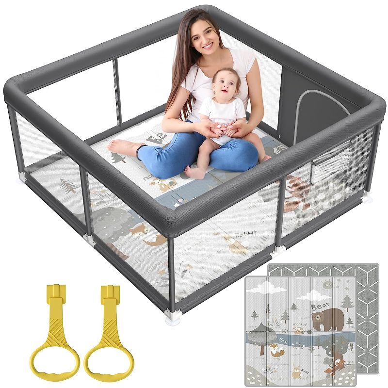 Photo 1 of Baby Playpen with Mat, Small Baby Play Pen(47x47inch), Playpen for Babies and Toddler (47 * 47 Baby playpen with mat-Dark Gray)