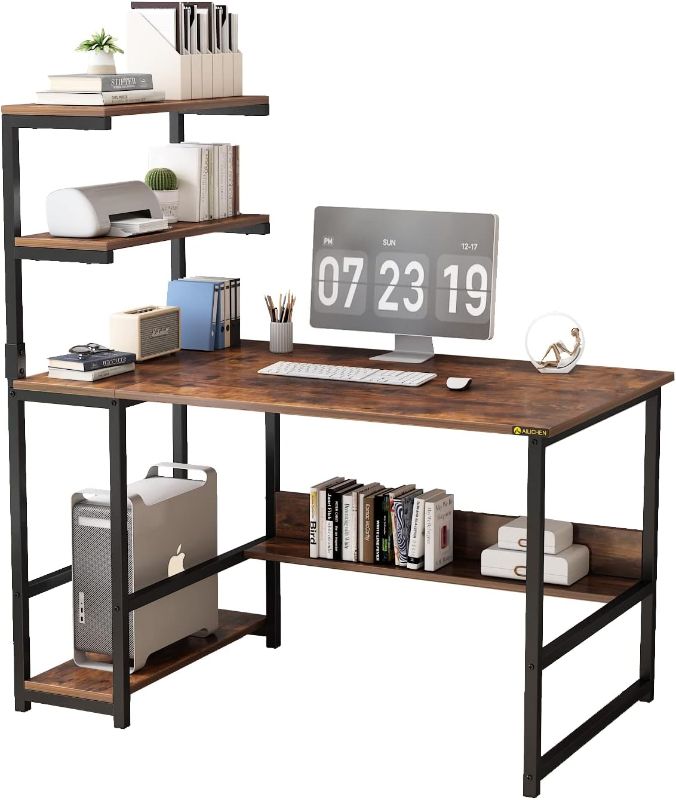 Photo 1 of ALISENED Computer Desk with 4-Tier Storage Shelves, 43.3 inch Modern Large Office Desk Computer Table Studying Writing Desk Workstation with Bookshelf and...