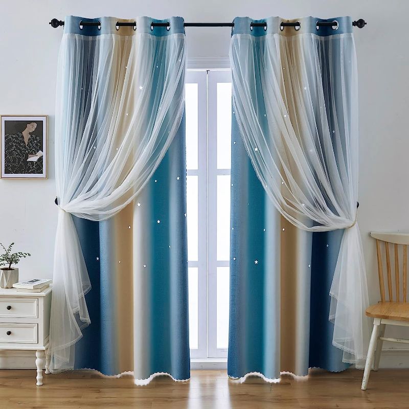 Photo 1 of 2 Panels Blackout Stars Curtains for Girls Bedroom Kids Aesthetic Living Room Decor Colorful Double Layer Star Cut Out Stripe Blue Rainbow Window Wall Home Decoration
