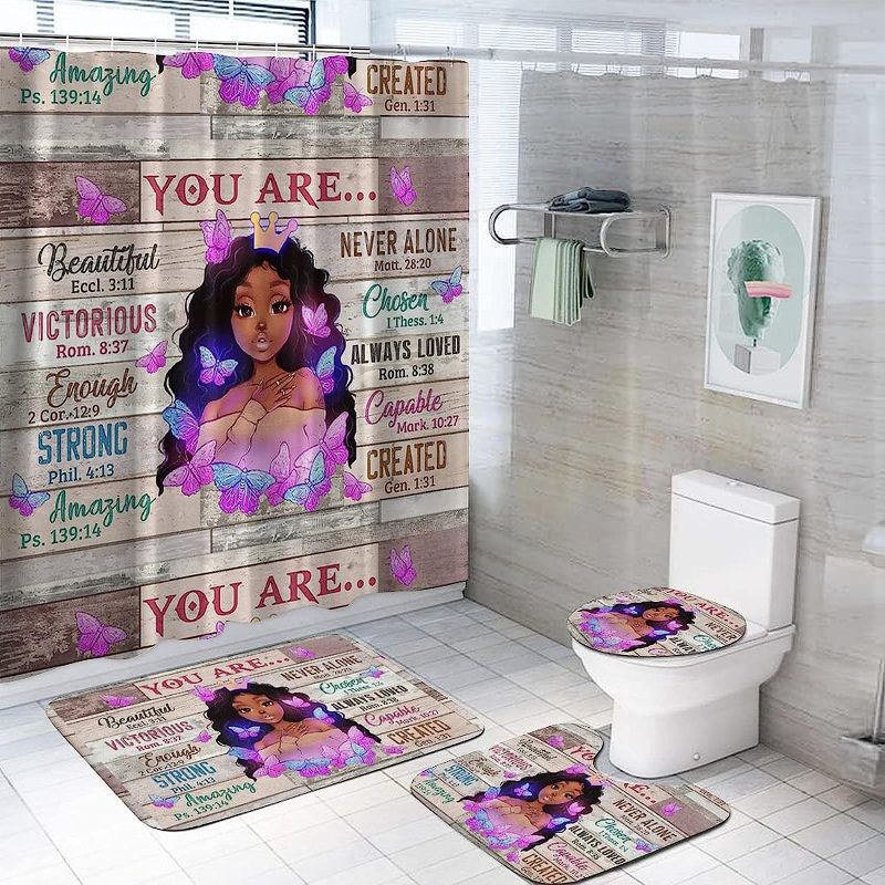 Photo 1 of Black Girl You are Beautiful Shower Curtains Bathroom Sets with Non-Slip Rugs,Toilet Seat Cover and Bath Mat,African Afro Girl Shower Curtain with 12 Hooks