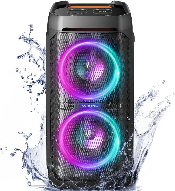 Photo 1 of W-KING 100W Bluetooth Speakers V5.3, IPX6 Waterproof Portable Loud Speaker with Deep Bass/110dB Huge Sound/DSP, Karaoke Outdoor Boombox with Lights/Mic & Guitar Port/Echo/USB Port/EQ/Adapter Included