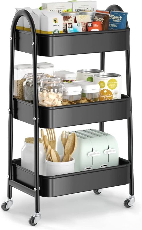 Photo 1 of 3 Tier Utility Rolling Cart, EAGMAK Metal Storage Cart with Handle and Lockable Wheels, Multifunctional Storage Organizer Trolley with Mesh Baskets for Kitchen, Living Room, Office, Garage (Black)