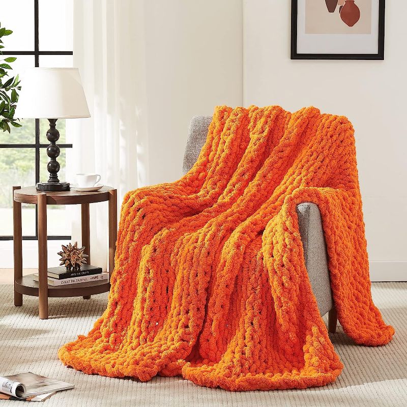 Photo 1 of  Chunky Knit Blanket Throw,Soft Chenille Yarn Throw Blanket 50x60?Handmade Thick Cable Knit Crochet Blanket,Large Knit Blanket Chunky Yarn,Rope