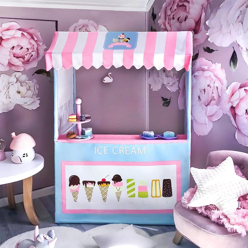 Photo 1 of Ice Cream Cart, Kids Playstand Play Shop with 3 Pretend Foods - 49" High - Colorful Kids Business Pushcart for Development and Learning - Indoor and Outdoor Children's Playhouse