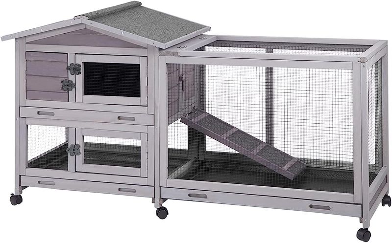 Photo 2 of Aivituvin Rabbit Hutch Indoor 62" Cage Outdoor Chicken Coop Guinea Pig Cage on Wheels Bunny Cage with 3 Deep No Leakage Pull Out Tray,Waterproof Roof (Grey)