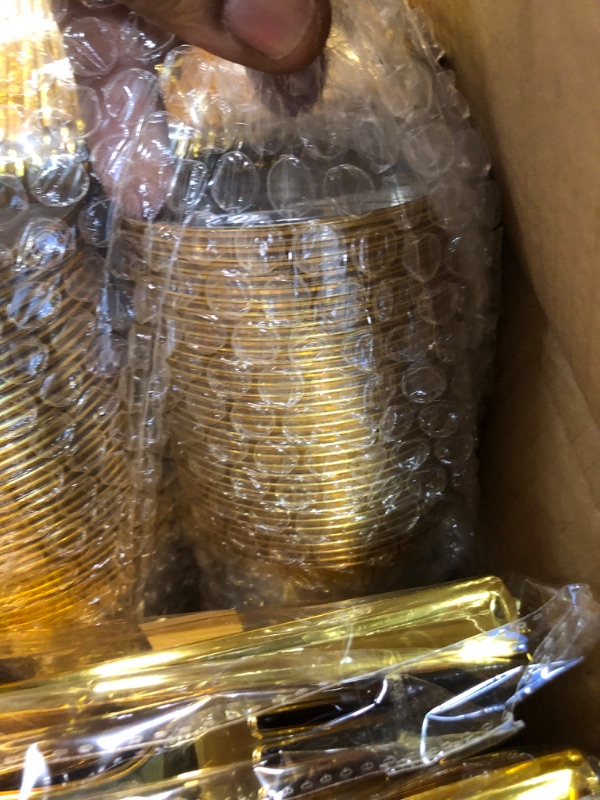 Photo 1 of 600 Pieces Gold Disposable Plates for 100 Guests, Plastic Plates for Party, Wedding, Dinnerware Set of 100 Dinner Plates, 100 Salad Plates, 100 Spoons, 100 Forks, 100 Knives, 100 Cups
