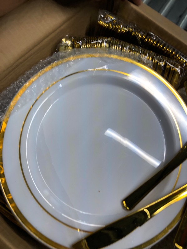 Photo 1 of 600 Pieces Gold Disposable Plates for 100 Guests, Plastic Plates for Party, Wedding, Dinnerware Set of 100 Dinner Plates, 100 Salad Plates, 100 Spoons, 100 Forks, 100 Knives, 100 Cups