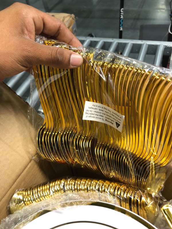 Photo 1 of 600 Pieces Gold Disposable Plates for 100 Guests, Plastic Plates for Party, Wedding, Dinnerware Set of 100 Dinner Plates, 100 Salad Plates, 100 Spoons, 100 Forks, 100 Knives, 100 Cups