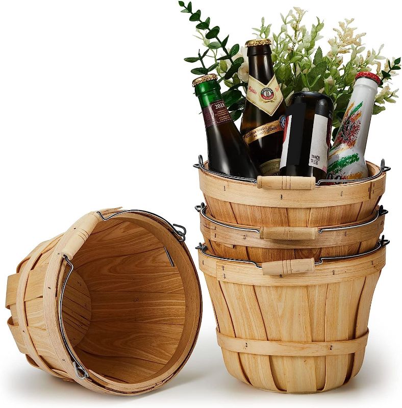 Photo 1 of 4 Pack Round Wooden Baskets Wood Fruit Buckets with Handle Display Holiday Food Service Baskets Fall Harvest Basket for Fruits Vegetables, Home Garden and Party Supplies
