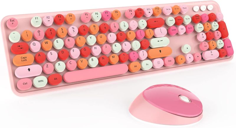 Photo 1 of Pink Wireless Keyboard and Mouse Combo, Cute Pink Keyboard and Mouse, 2.4G Wireless Keyboard Pink with Retro Round Keycap for PC,Computer, Mac, Laptop,Tablet, Windows(Pink-Colorful)