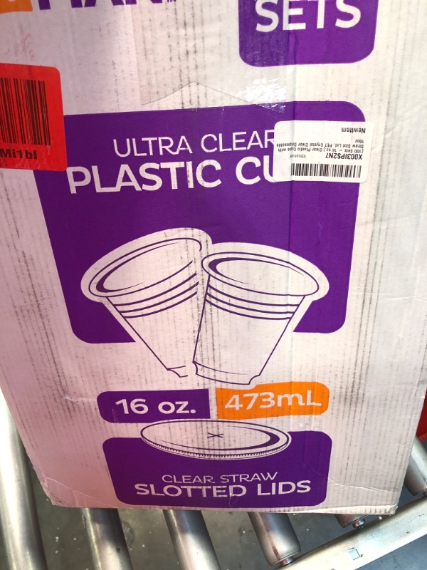 Photo 3 of 
[100 Sets - 16 oz.] Clear Plastic Cups with Straw Slot Lid, PET Crystal Clear Disposable 16oz