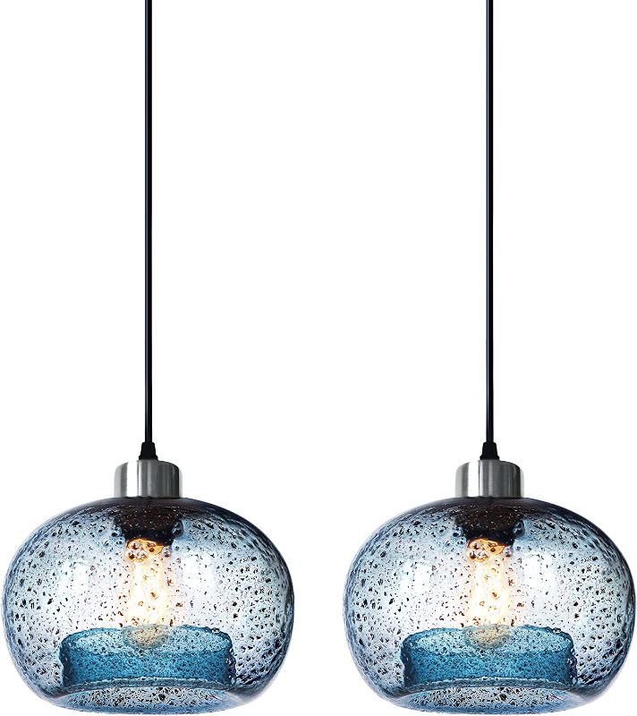 Photo 1 of CASAMOTION Pendant Lighting Kitchen Island Hand Blown Glass Bathroom Light Fixtures Marble Blue Modren Farmhouse Style Hanging Light for Bedside Dining Room Table Brushed Nickel 9 Inch Diam 2-Pack