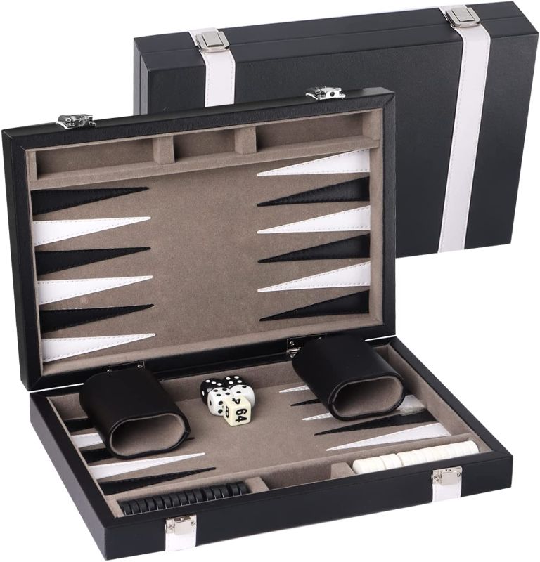 Photo 1 of GSE Premium Leather Backgammon Board Game Set, Classic Backgammon Game Set with Leather Case, Travel Folding Board Game (Black&Grey, Small)