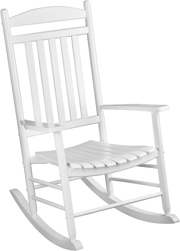 Photo 1 of ALIMORDEN Solid Wood Porch Rocking Chair, High Back Slat Reclining Seat Patio Chair, Indoor Outdoor, White