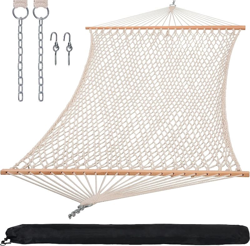 Photo 1 of SUNCREAT Hammocks Traditional Rope Double Hammock with Hardwood Spreader Bar and Carrying Bag, 450 lbs Capacity, Natural
