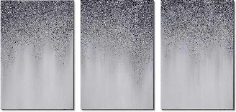 Photo 1 of 3Hdeko - 3D Silver Glitter Abstract Canvas Wall Art 60X30inch 100% Hand-painted Gradient Gray Textured Painting for Living Room Bedroom, Large 3 Piece Modern Gray Home Decor, Ready to Hang