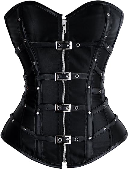 Photo 1 of Charmian Women's Gothic Punk Satin Boned Zipper Overbust Corset Top with Buckles
