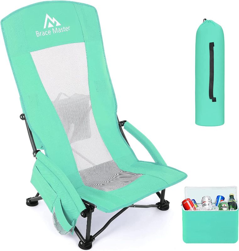 Photo 1 of 
Brace Master Beach Chair Camping Chair,High Back Sand Chairs,Foldable Mesh Back Design with Cup Holder & Cooler & Phone Bag,for Camping,Beach,Picnic?Green 1 Pack?