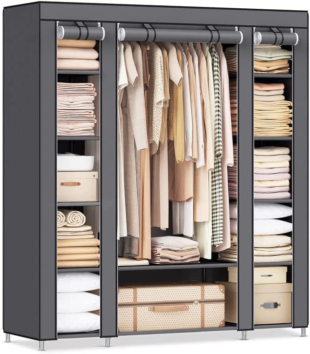 Photo 1 of SONGMICS Closet Wardrobe, Portable Closet for Bedroom, Clothes Rail with Non-Woven Fabric Cover, Clothes Storage Organizer, 59 x 17.7 x 69 Inches, 12 Compartments, Gray ULSF03G