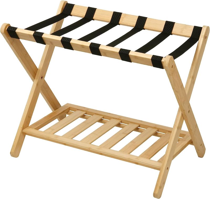 Photo 1 of BAIDE PACK Wood Luggage Rack Stand for Guest Room, Folding Suitcase Holder Stand with 6 Support Straps for Home Bedroom Travel, Bamboo