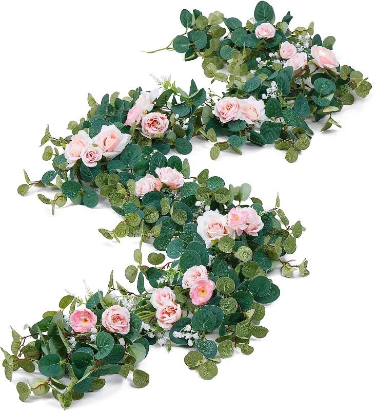 Photo 1 of Artificial Eucalyptus Garlands Anna's Whimsy 6.4FT Greenery Garland with Flowers, Fake Rose Vines, Handcrafted Greenery Garlands for Wedding Party Arch Table Arrangement Decor (Pink)