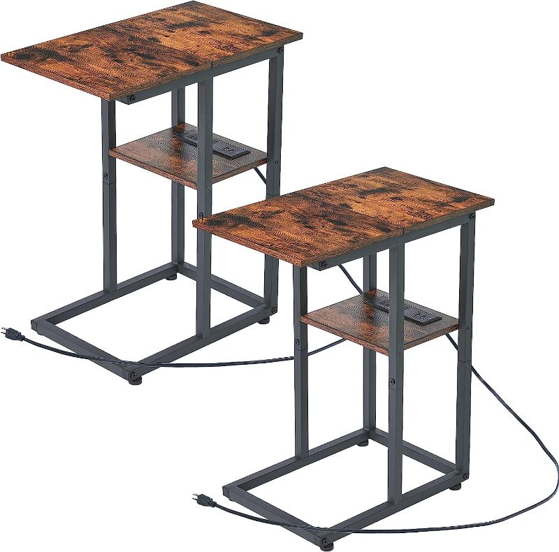 Photo 1 of LAKEMID End Table with Charging Station Set of 2 - Small C Table Narrow End Table with Metal Frame for Living Room Bedroom Small Spaces (Rustic Brown)