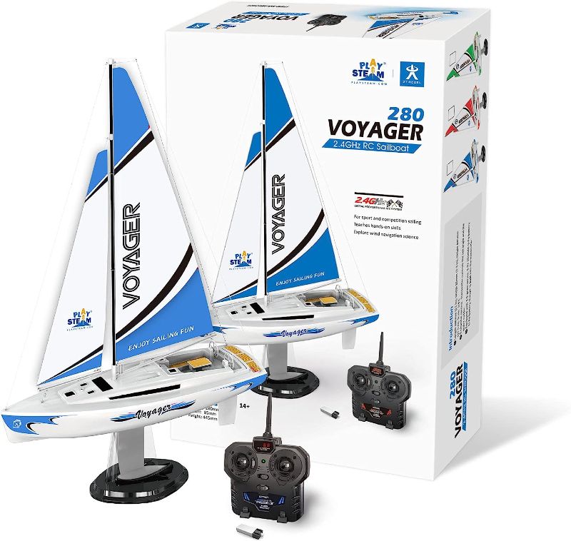 Photo 1 of PLAYSTEAM Voyager 280 RC Controlled Wind Powered Sailboat in Blue - 17.5" Tall