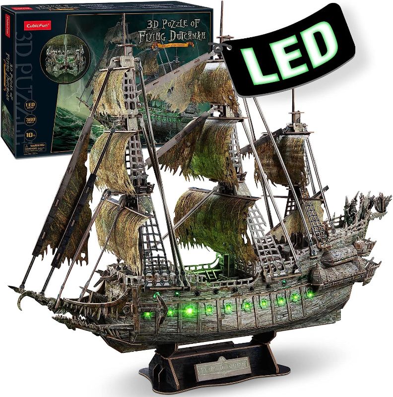 Photo 1 of 3D Puzzles for Adults Green LED Flying Dutchman 360 Pieces Haunted Pirate Ship Arts & Crafts for Adults Gifts for Men Women Model Kits, Lighting Ghost Ship Decor Brain Teaser Puzzles for Adults