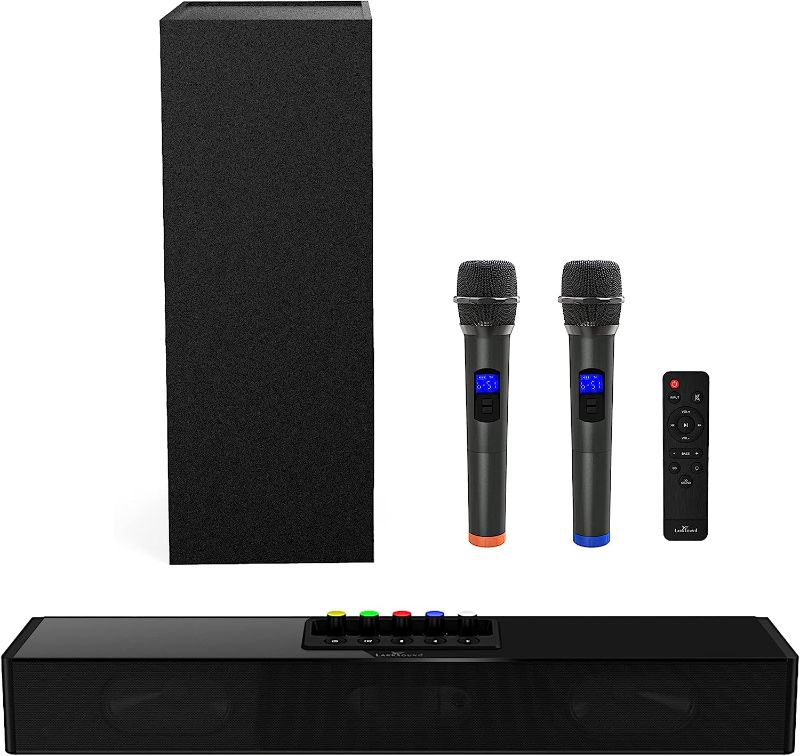 Photo 1 of Larksound Mini Karaoke Machine for Adults, with 2 Wireless Microphones, 2.1 Soundbar with Subwoofer, Sound Bar for TV, Home, Singing Party