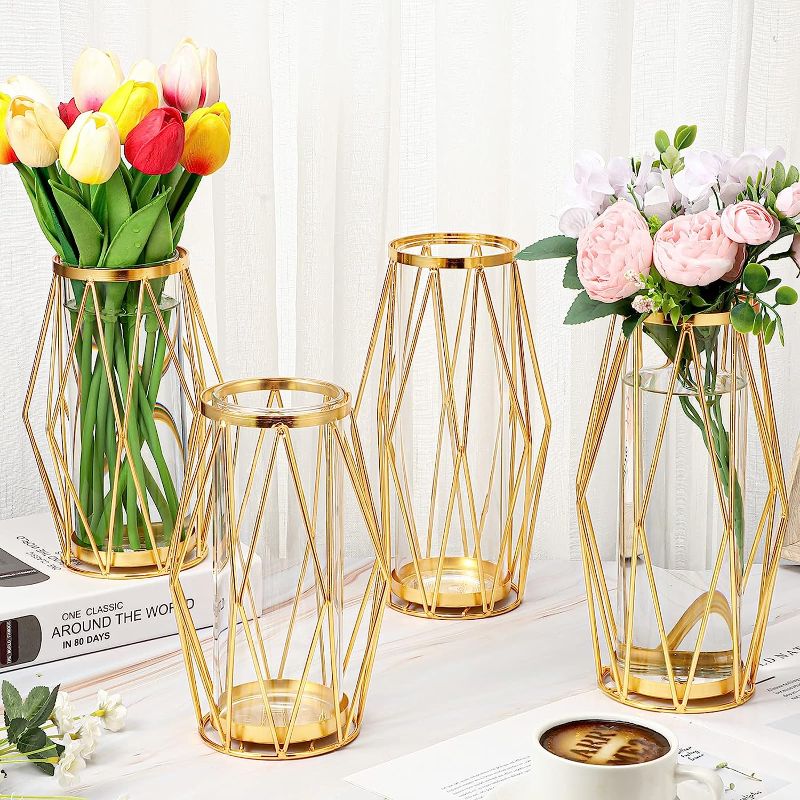 Photo 1 of 4 Pcs Glass Vase with Metal Rack Stand Geometric Flower Stand with Glass Cylinder Hydroponic Plant Flower Vase Modern Vase for Home Centerpieces Floor Office Wedding, 8.3 Inch, 10 Inch (Gold)