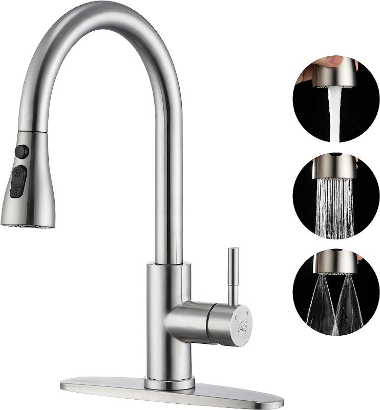 Photo 1 of Brushed Nickel Kitchen Faucet with Pull Down Sprayer - High Arc Stainless Steel Kitchen Sink Faucet, 3-Function Pull Out Kitchen Faucet, Single Hole Single Handle Sink Faucet, Modern Kitchen Faucets
