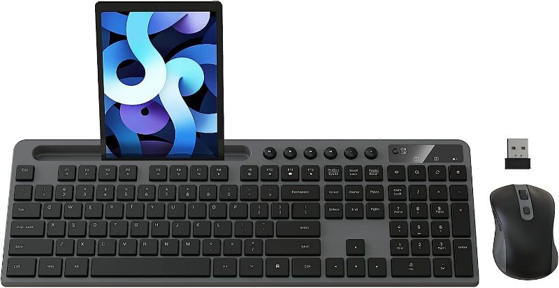 Photo 1 of Wireless Keyboard and Mouse Combo, MARVO 2.4G Ergonomic Wireless Computer Keyboard with Phone Tablet Holder, Silent Mouse with 6 Button, Compatible with MacBook, Windows (Grey)